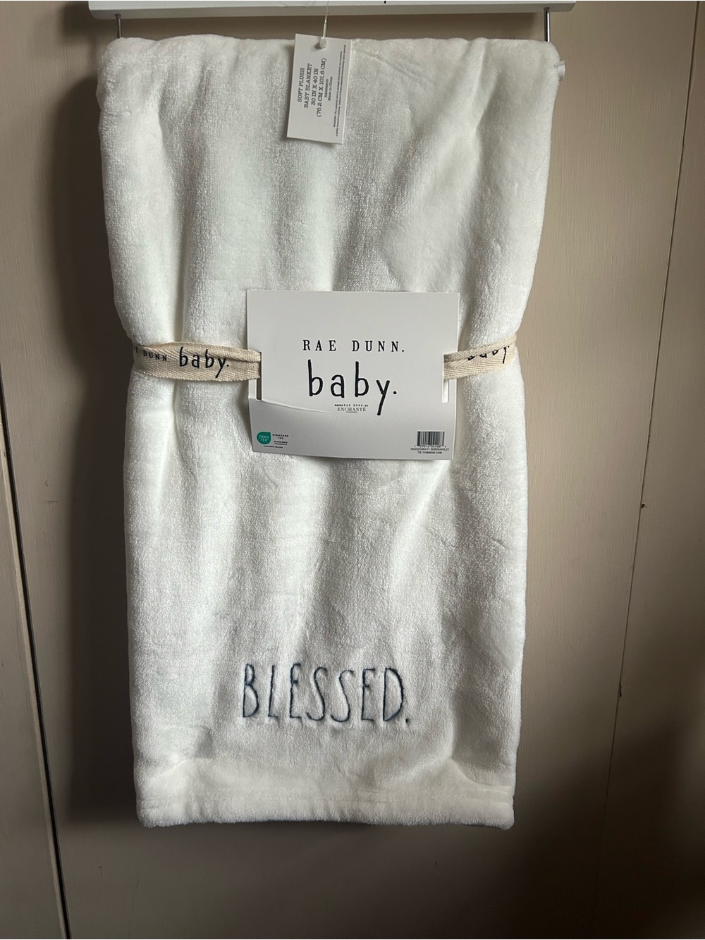 Rae Dunn White Plush Baby Blanket with Blue "BLESSED" Embroidery